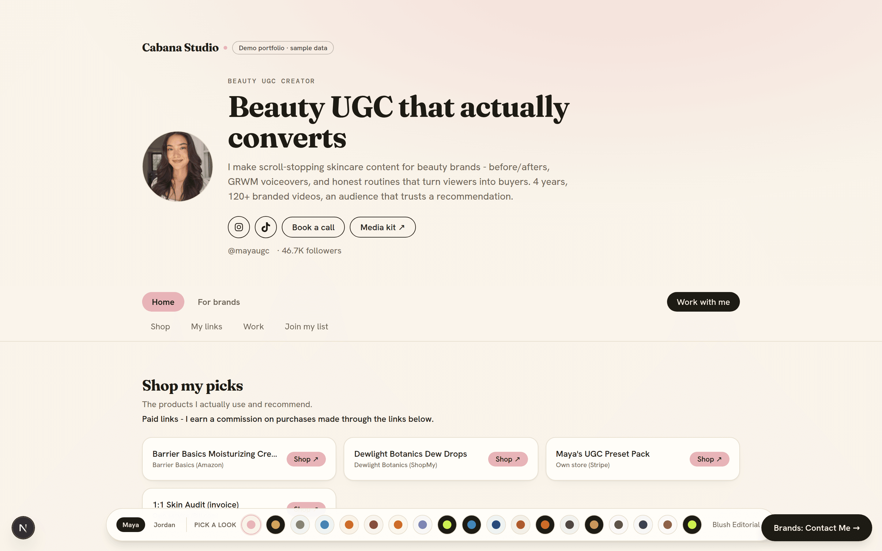 A creator's live portfolio site - hero, shop-my-picks affiliate links, and a Work with me button for brands
