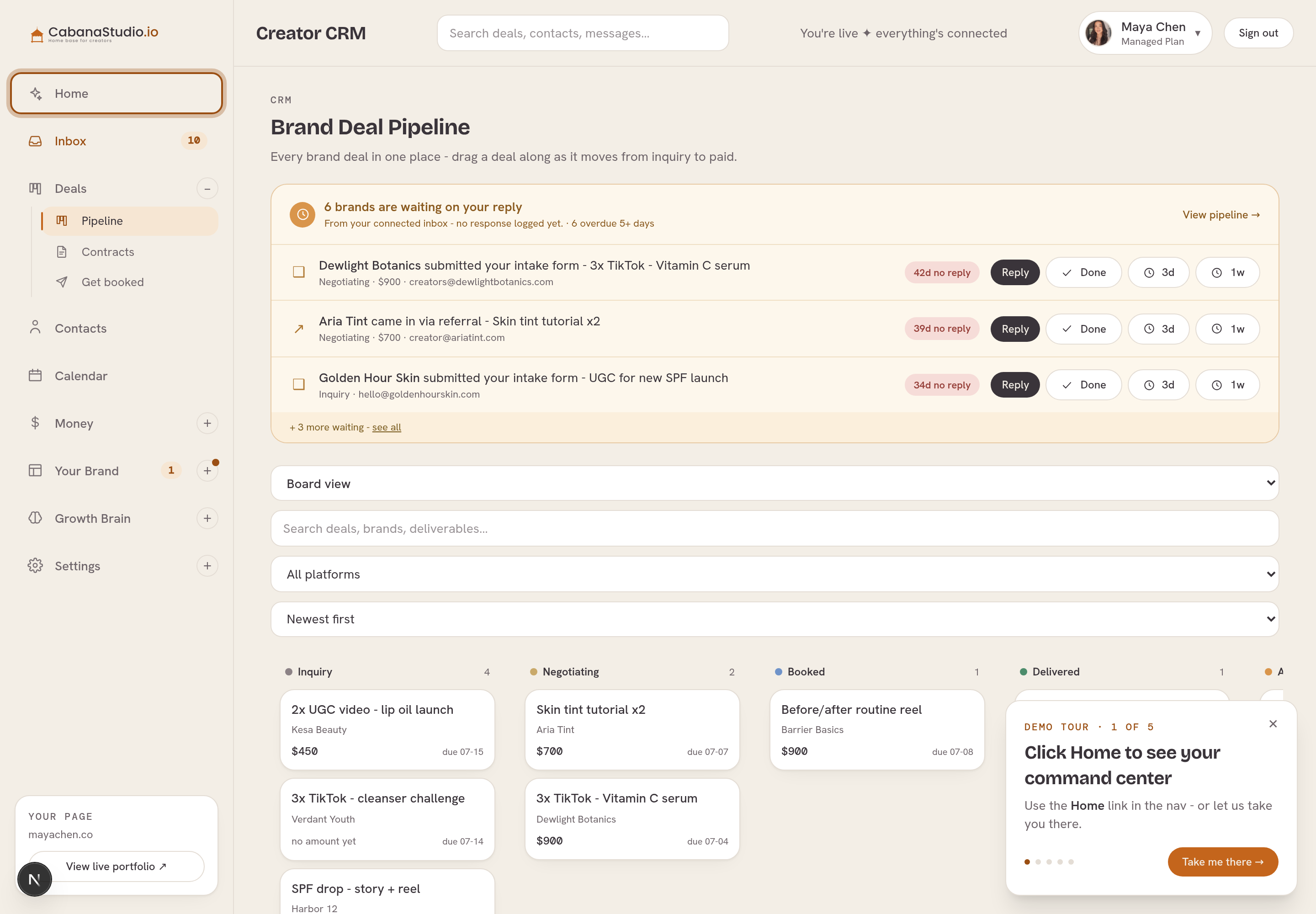 Your deal pipeline: every inquiry from DMs, email and your intake form as one tracked deal